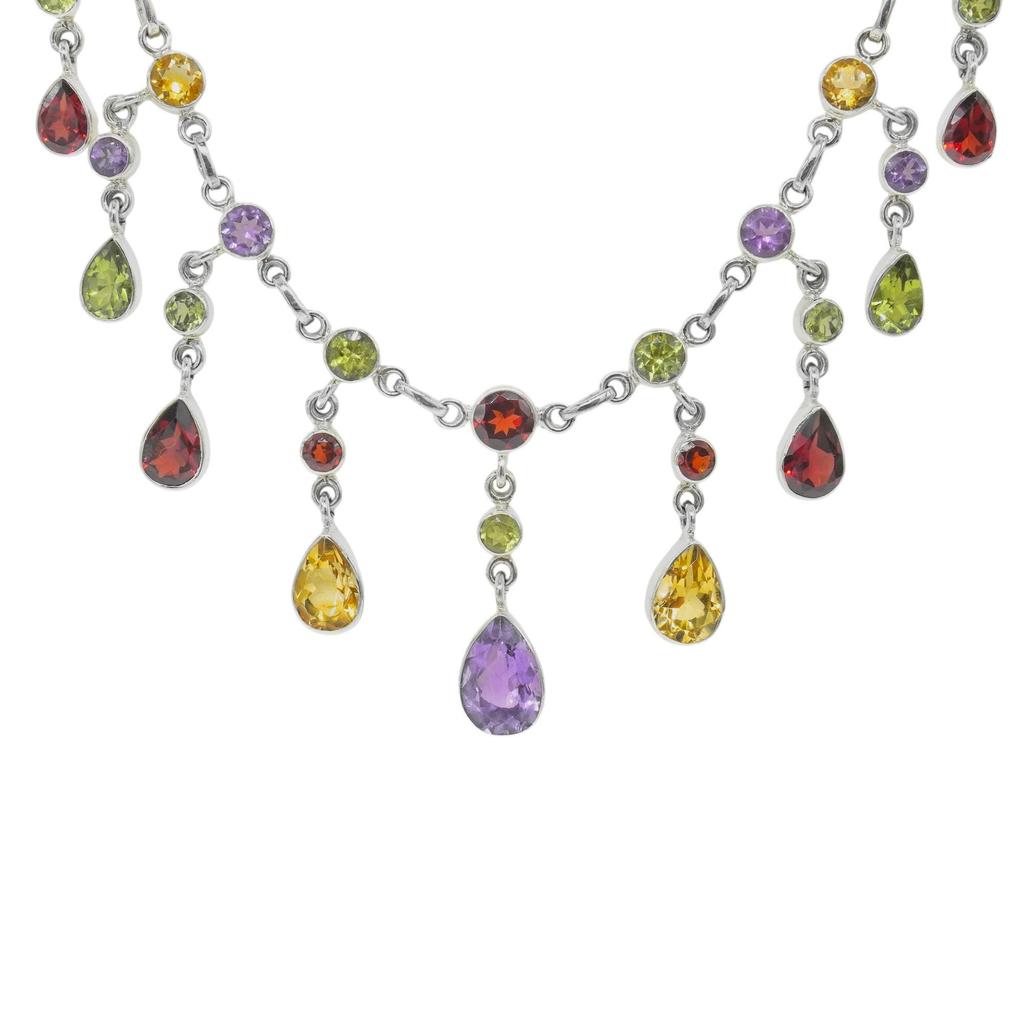 Multi Gemstone 925 Sterling Silver Necklace - Garnet, Amethyst, Citrine