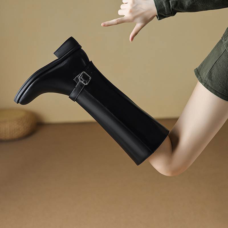 Krazing Pot Cow Skin Autumn Winter Shoes Riding Boots Round Toe Keep Warm Metal Square Buckle Med Heels Thigh High Boots