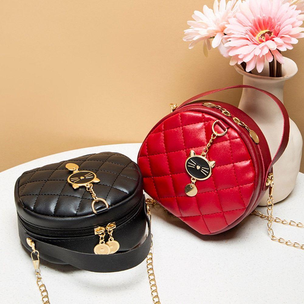 Female Cute Cat PU Leather Messenger Bag Round Handbags Crossbody Chain Shoulder Bags