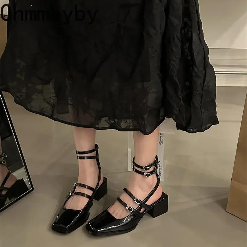 Summer Design Women Sandal Fashion Narrow Band Dress Square Heel Shoes Ladies Outdoor Patent Leather Mary Jane Shoes