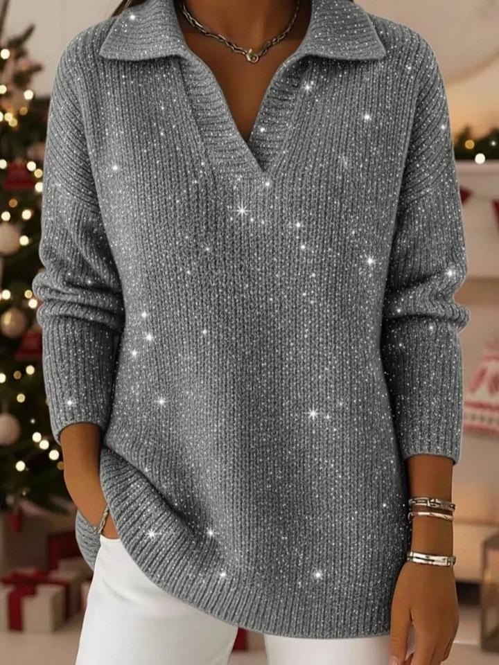 Однотонный пуловер с воротником-стойкой, серебряной нитью и хрустальными акцентами, Осень/Зима 2025