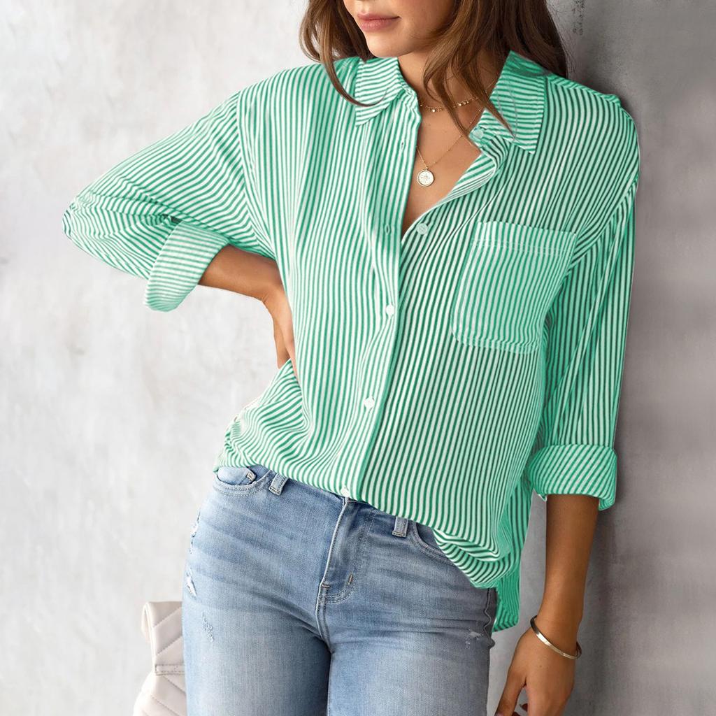 Женские полосатые рубашки на пуговицах с карманами и длинными рукавами, остроконечный воротник, топы