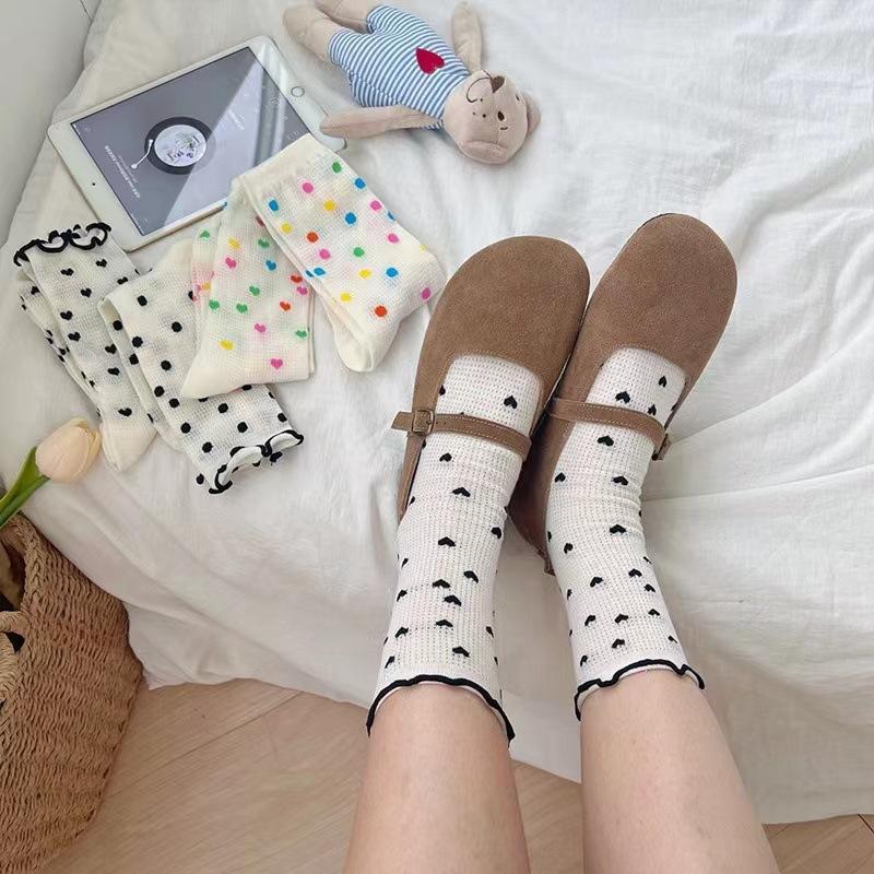 Colorful Polka Dot Socks Hollow Mesh Internet Celebrity Summer Small Fresh Mid-Leg Socks Lace Thin Girls' Socks
