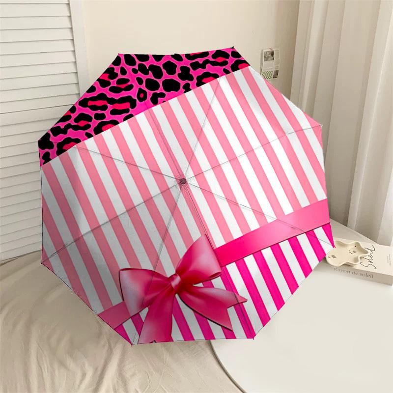 1PC Leopard print, Pink stripes Umbrella-8-Rib Reinforced, Automatic Open, Lightweight & Durable, Cute Fashion Accessory for Outdoor-T199