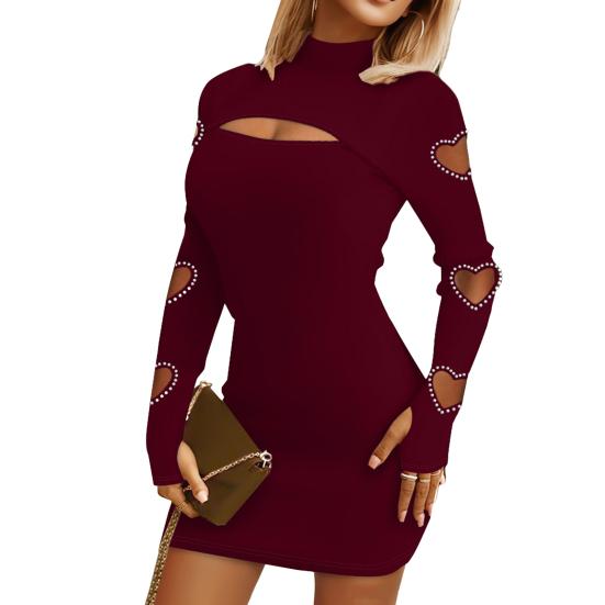 Women Dress Hollow Out Lace Skinny Sheath Solid Color Half-high Collar Elastic Soft Flower Applique Cutout Heart Above Knee Mini Dress