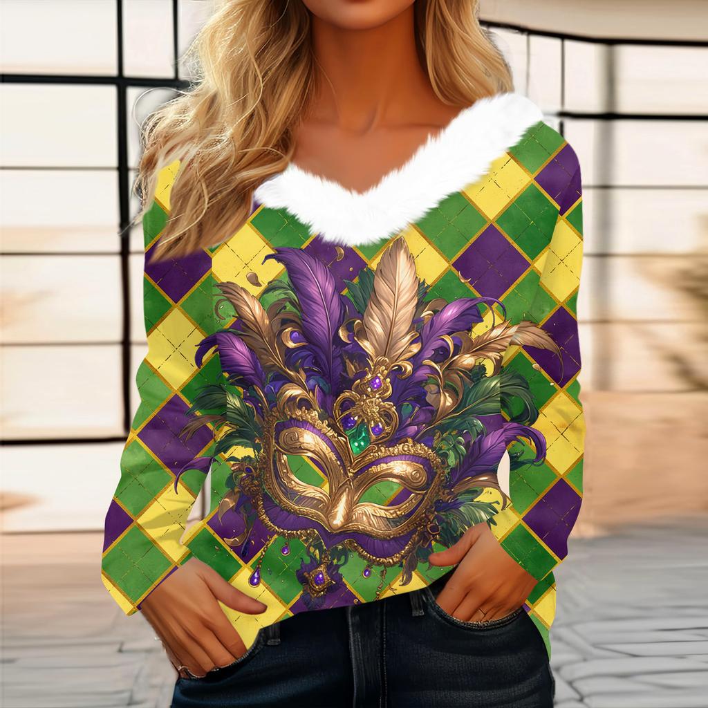 Женский свободный повседневный топ с длинными рукавами и принтом из плюша с V-образным вырезом, топ с длинными рукавами