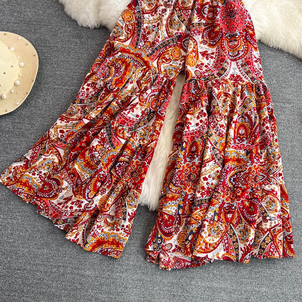 Summer Bohemian Vacation Beach Pants Elegant High Elastic Waist Wide Leg Printed Trouser Casual Flare Fladas New Fashion