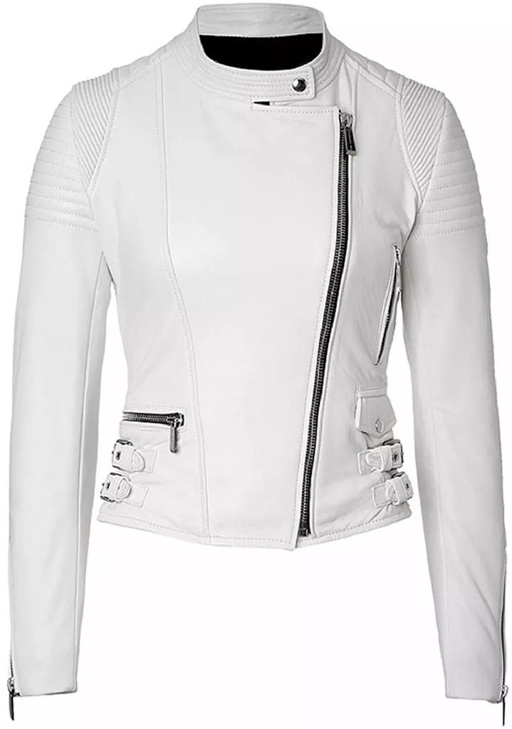 Women's White Genuine Lambskin Leather Jacket Biker Motorcycle Real Coat Jacket