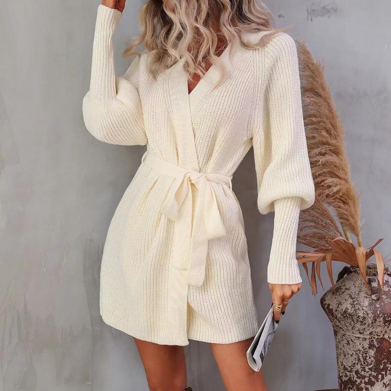 IHUASU Autumn and Winter Mid-length Cardigan Solid Colour Women's Knitted Tie Cardigan Jumper