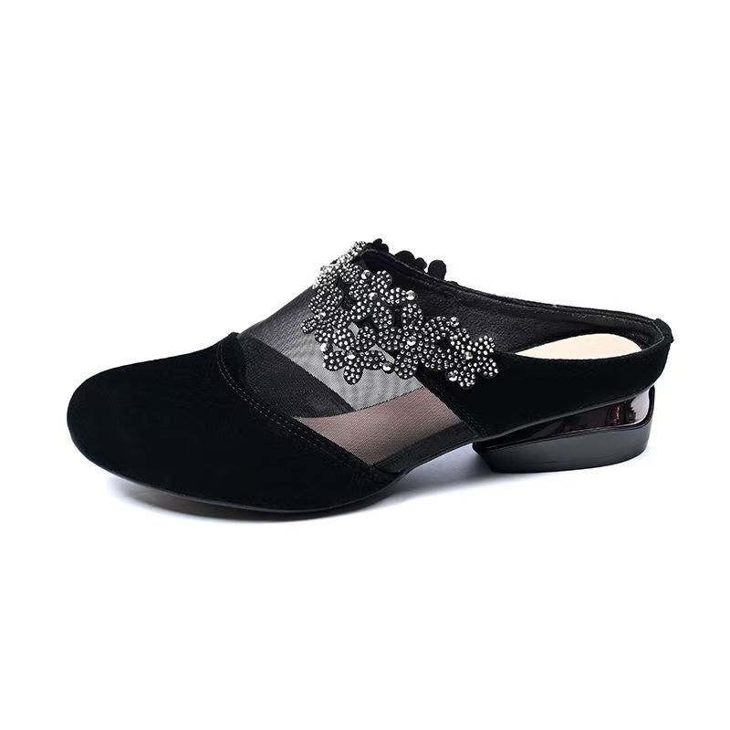 2025 новые летние туфли-одинарки из мягкой кожи, женские сетчатые, на плоской подошве, с вырезами, дышащие, с круглым носком, со стразами, матовые, женские полушлепанцы для мам