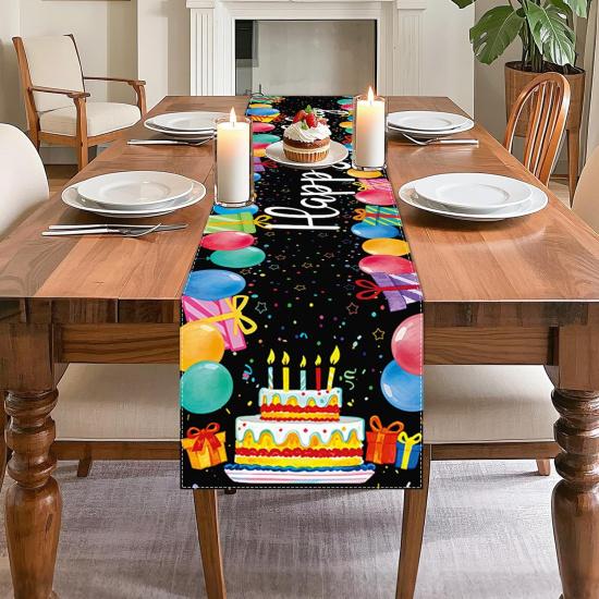 Black Happy Birthday Table Runner, Colorful Balloon Kitchen Dining Table Decoration Festive Balloon Design for Birthday Party Decor 13x72 Inch