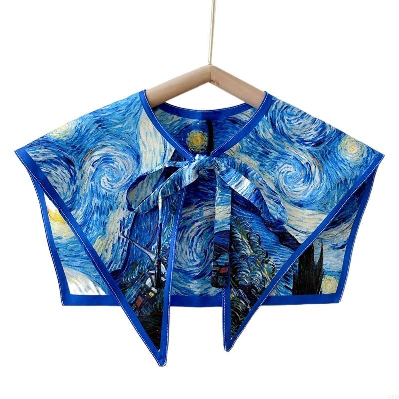 28GD Women Elegant Detachable Collar Scarf Vintage Colorful Landscape Oil Painting Print Shawl Wrap Lace-Up Decorative Shrug