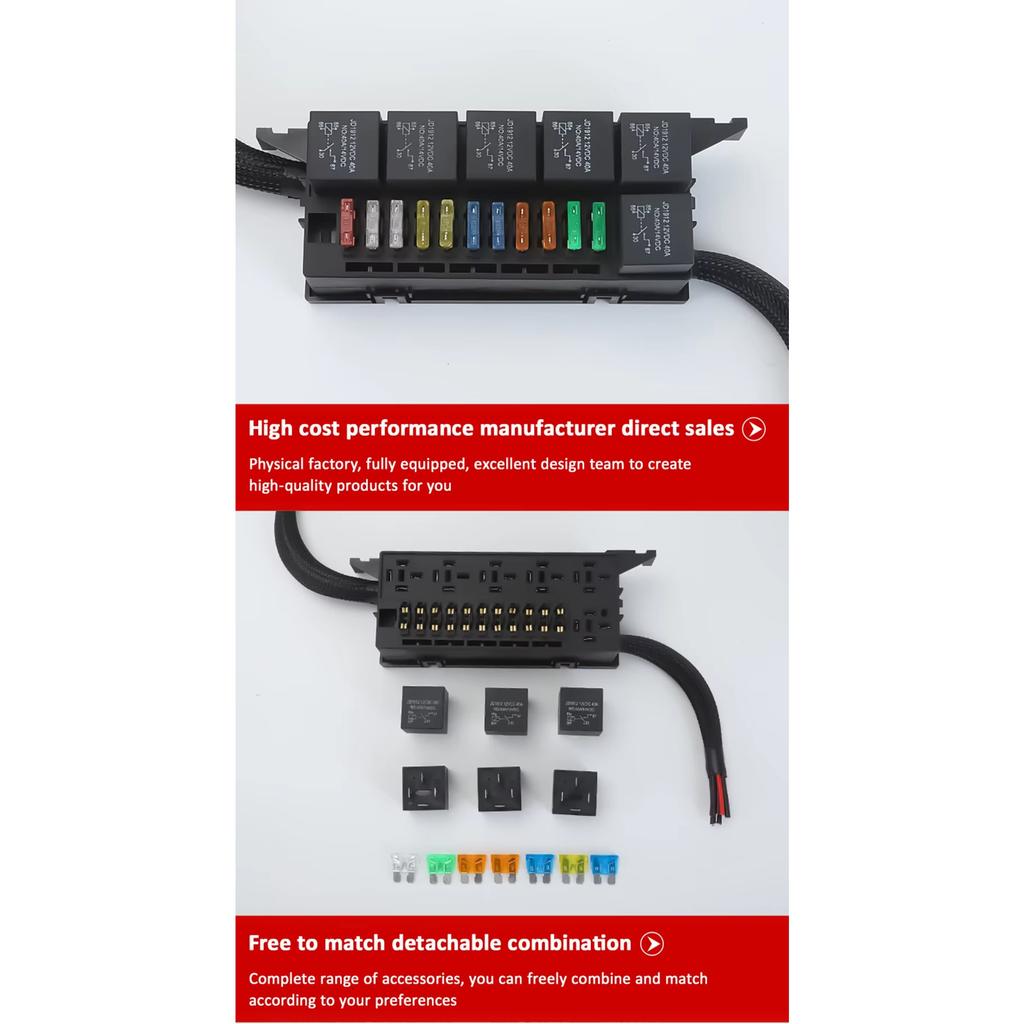 12V Fuse Block Fuse Relay Box Block 11 Way Waterproof 4PINATC/ATO Fuse Block and 6 Slot Relay Panel for Universal Vehicles Car