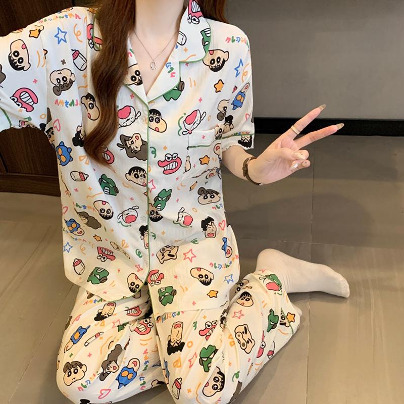 Japanese Cute Fun Cartoon Crayon Small New Cloud Cotton Pajamas Women'S Summer Short-Sleeved Trousers Set Loungewear