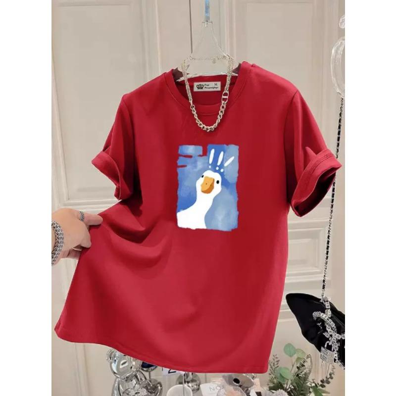 Cartoon Printed Short-sleeved T-shirt for Women In Summer New Fashionable Age-reducing Large-shoulder Pure Cotton Top