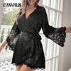 Women's New Summer Lace Sexy Bathrobe Pajamas Ice Silk Homewear Long-sleeved Flared Sleeve V-neck