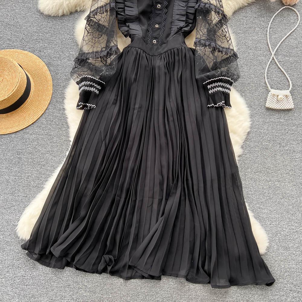 Весна-лето, вышивка, расшитая блестками, сетка, лоскутное черное вечернее платье, женские черные длинные миди, плиссированные платья
