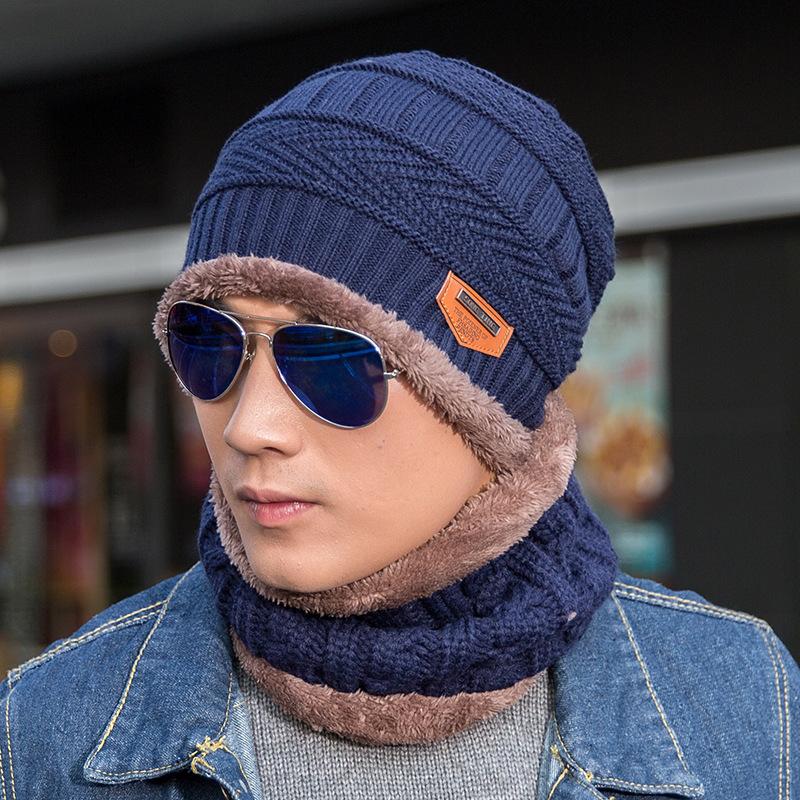 Men's Fleece Knitted Scarf Hat 2-piece Set Trendy Women's Warm Wool Hat Winter Student Cycling Cold