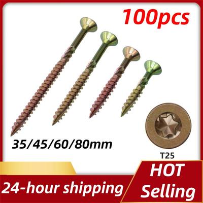 100 шт. шурупов по дереву T25 35/45/60/80 мм с плоской головкой, саморезы Torx, шурупы для крепления по дереву для оборудования