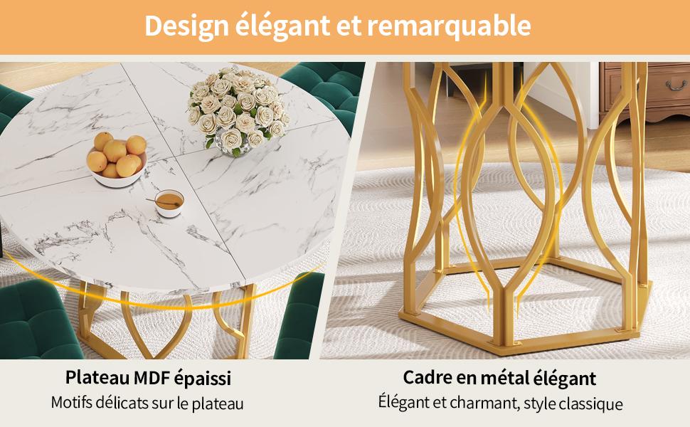Dining table set (5-piece), round dining table with 100 cm diameter and golden metal legs, white MDF tabletop, dining chairs made of dark green velvet