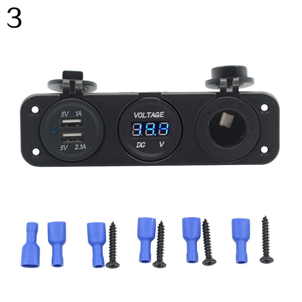 Car Boat Dual USB Charger + LED Voltmeter + Power Outlet Socket 3 Holes Panel