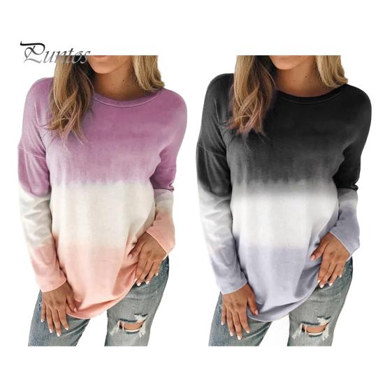 Женские топы с круглым вырезом и длинным рукавом, цветная футболка с принтом тай-дай, свободный крой, свитер, толстовка, повседневная одежда