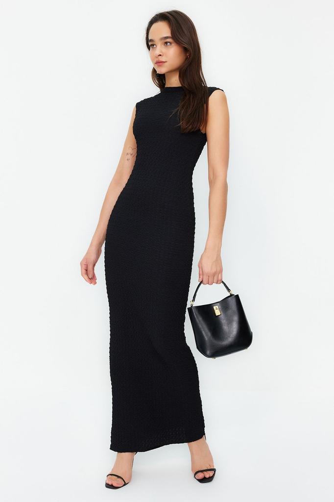 Women's Style Dress Black Textured Fabric Fitted Moon Sleeve Knitted Stretchy Midi Pencil Dress