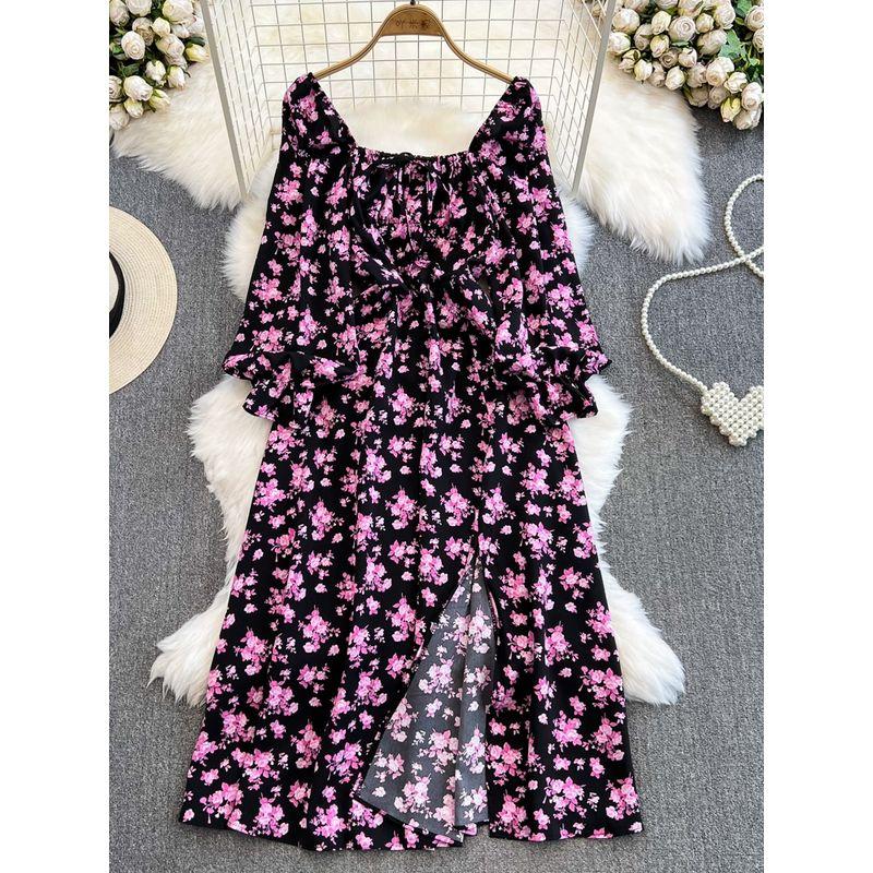 Spring and Autumn Long Sleeves A- Line Elegance Print Dress