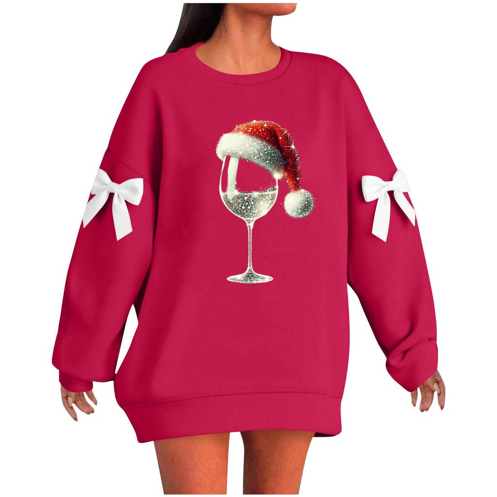 Ladies' Christmas Printed Bow Round Neck Long Sleeved Loose Pullover Sweater Sweatshirt Top