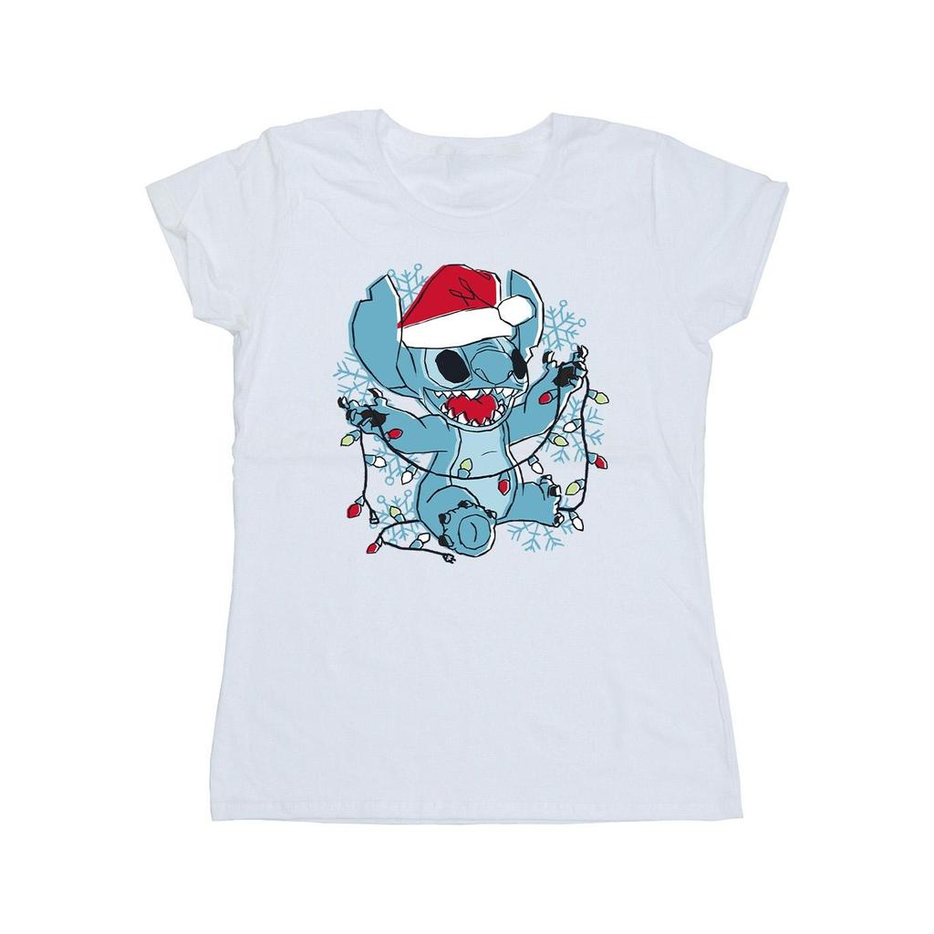 Disney Womens/Ladies Lilo And Stitch Christmas Lights Sketch Cotton T-Shirt