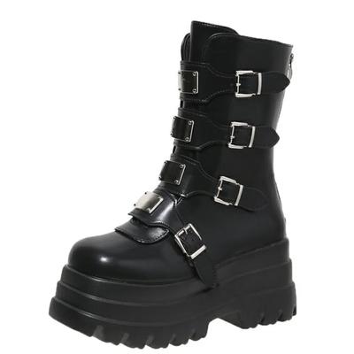 Модные женские ботинки на платформе в стиле панк, 9 см, осень-зима, кожаные мотоциклетные ботинки с толстой подошвой, короткие ботинки с металлической пряжкой, 9 см