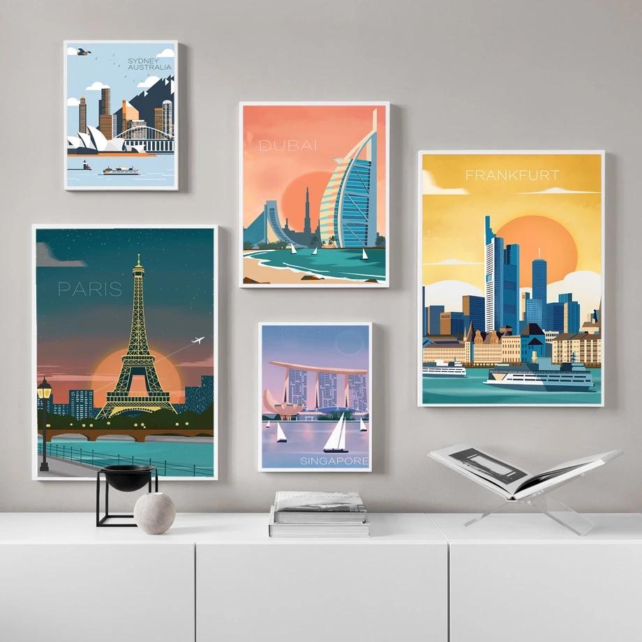 Cartoon Port Travel City Poster Paris Chicago London Landscape Canvas Painting Anime Illustration Wall Art Pictures Home Decor No Frame