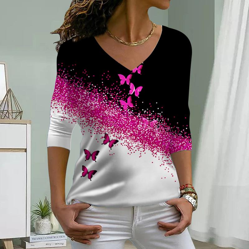 Oblique Butterfly Print Women Tshirts Ladies Tops Long Sleeve V-neck Pullover Femme T-shirts T Shirt For Women