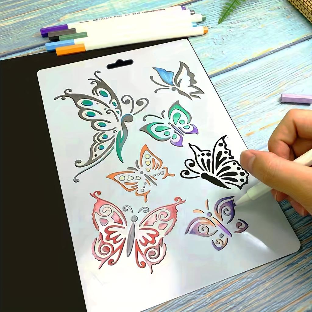 1pc 25.4x17.78 Cm Butterfly Drawing Stencil, Colorful Flying Butterflies Craft Template, Creamy White Plastic Material for DIY Art Projects