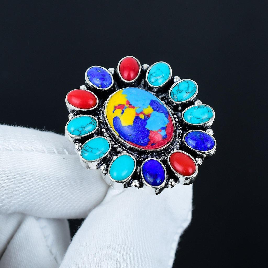 Красивое кольцо с мозаичным яшмовым драгоценным камнем, кольцо из стерлингового серебра 925 пробы, подарок для нее, овальный камень, элегантное кольцо ручной работы, серебряное кольцо с цветком из мозаичной яшмы