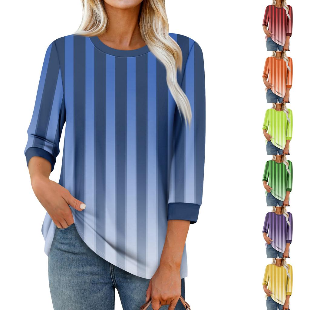 Women's Fashion Casual Seven Sleeve T-Shirt Print Round Neck Top