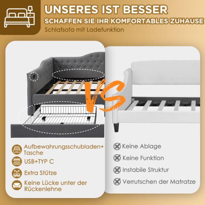 Cadre de lit - MUVOE - 90x200 cm - Rembourré en lin gris - 2 tiroirs - Recharge USB Type C