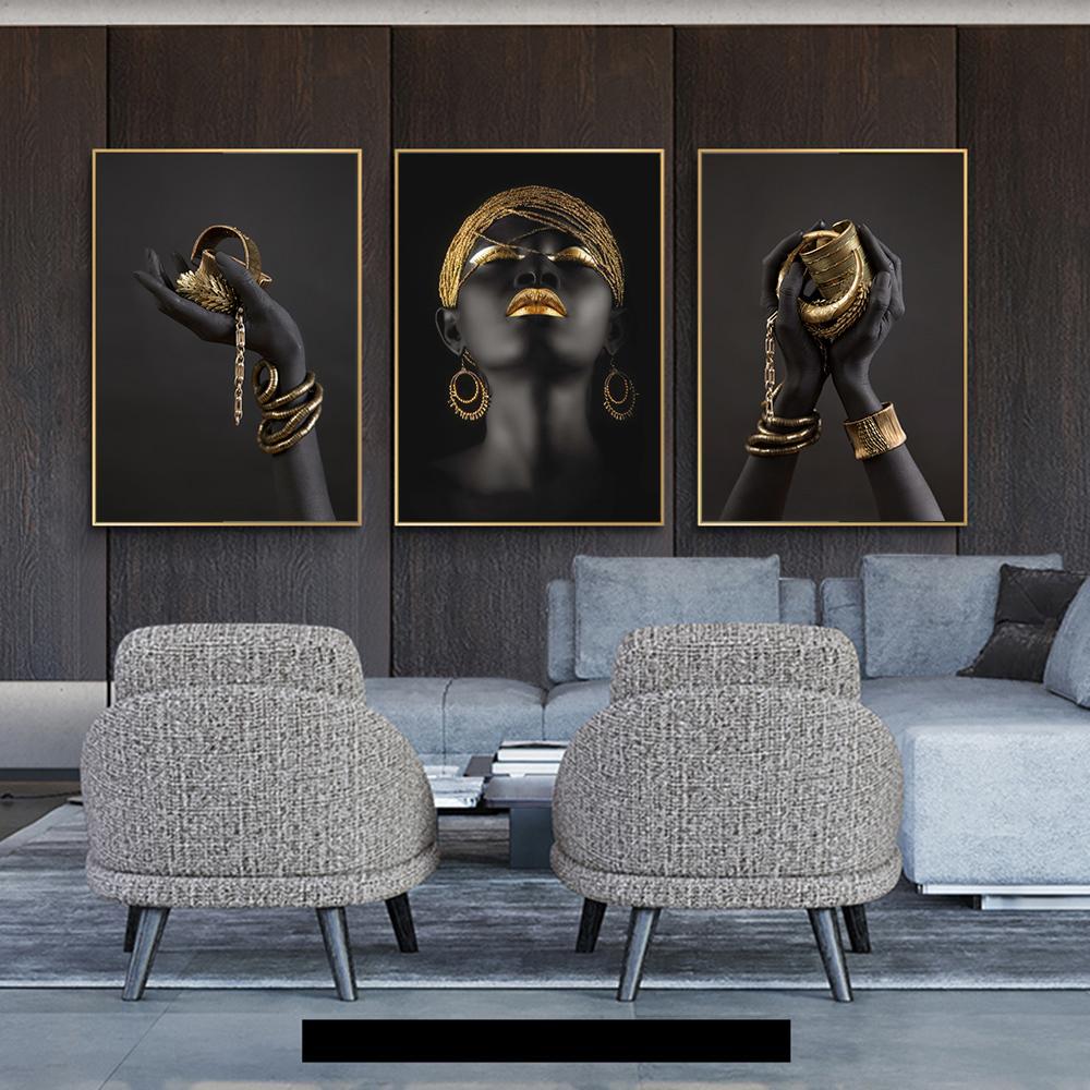 African Woman Holding Gold Jewelry Canvas Posters and Prints Black Models Art Paintings On the Wall Art Pictues For Living Room