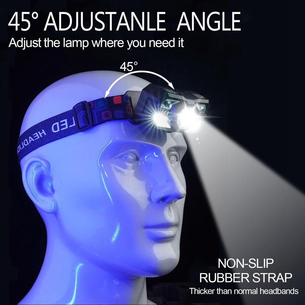 Мощный налобный фонарь-фонарик, перезаряжаемый налобный фонарь с регулировкой, с датчиком движения, красный свет для кемпинга, велоспорта, пеших прогулок