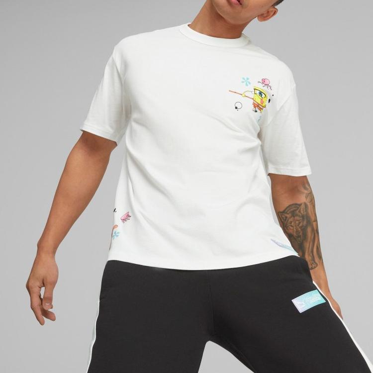 Puma X SpongeBob SquarePants Cartoon Print Crew Neck Short Sleeved T-Shirt Unisex Tops White 620691-02