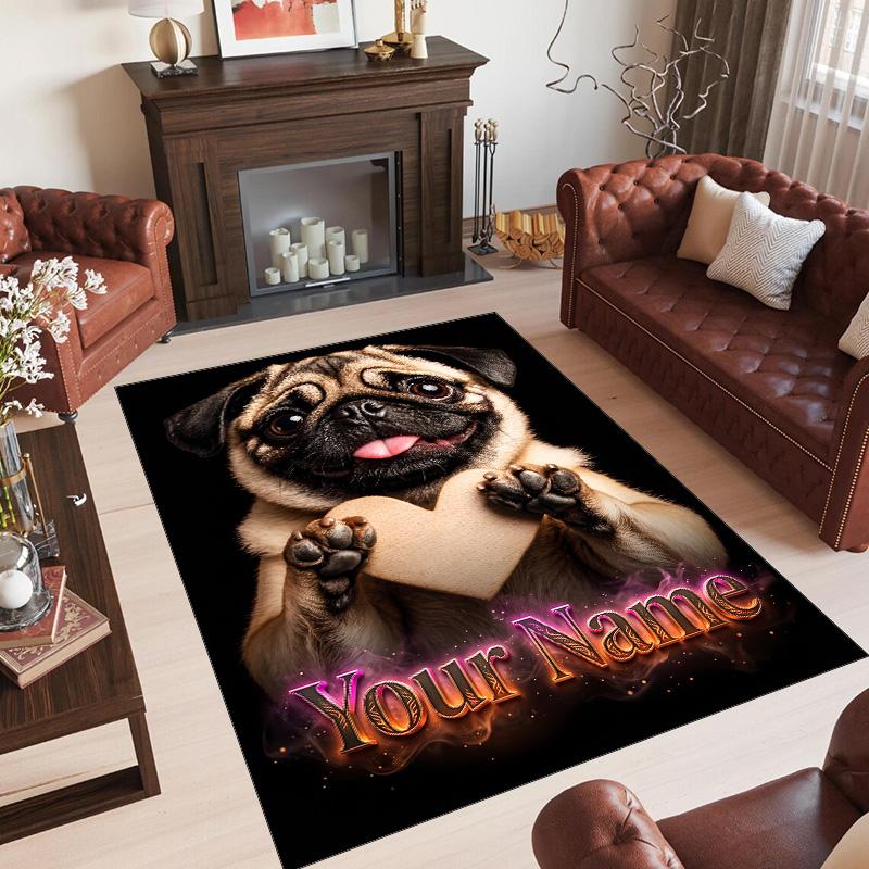 Pug Theme Crystal Velvet Floor Rug Personalized Custom Name Text Warm Carpet Home Decoration