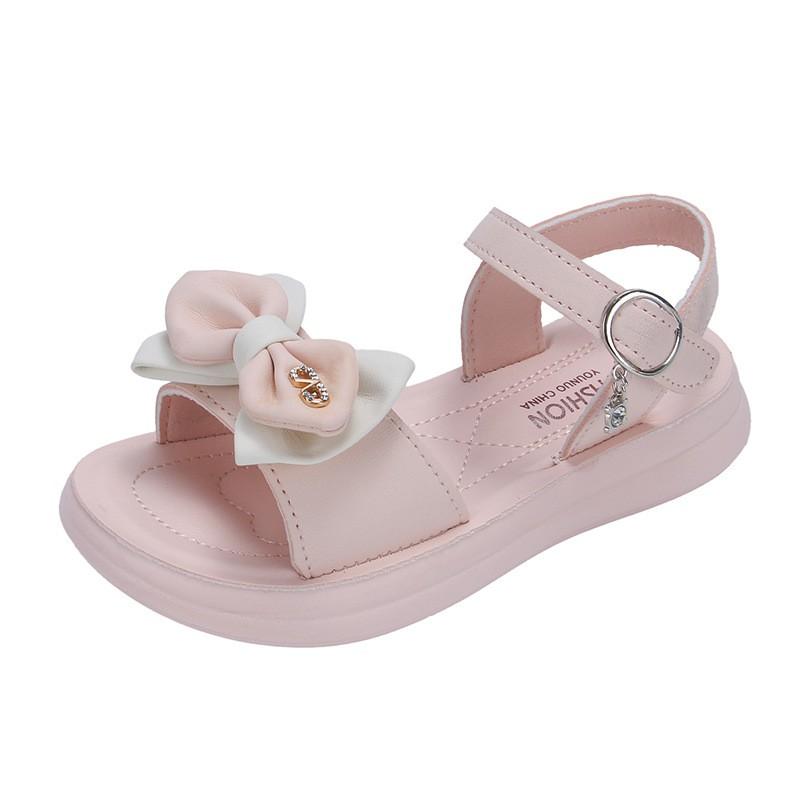 Girls Sandals With Rhinestone Bow Soft Rubber Sole Magic Tape Outdoor Play Beach Walking