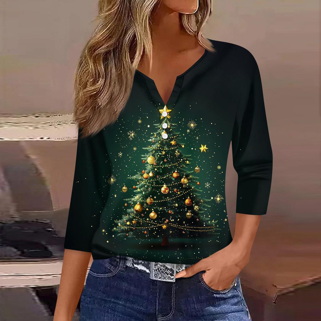 Жен. Футболка Футболка С принтом Пуговицы Рукав 3/4 Повседневные Выходные Мода Классический V-образный вырез Обычный Топ