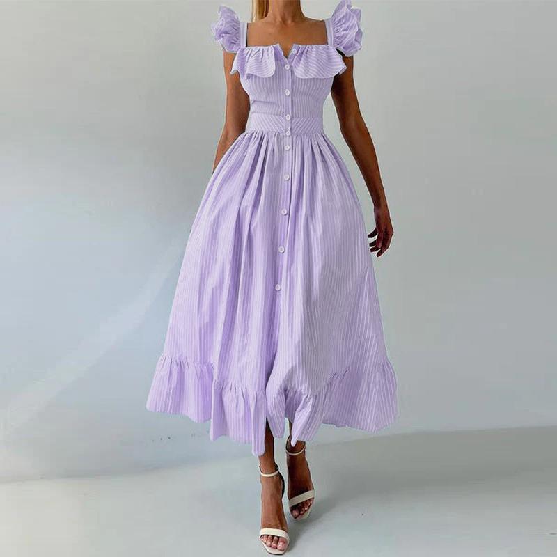 ZANZEA Summer Women Flare Sleeve Buttons Striped Casual Holiday Pleated Dress