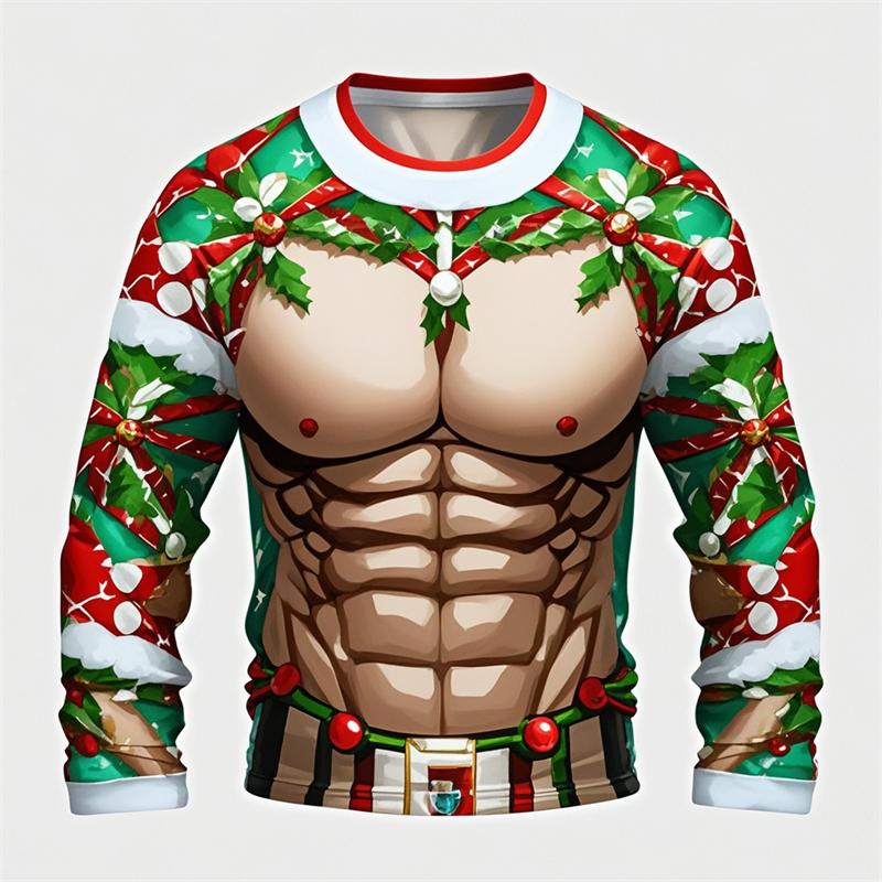 Мускулистые рождественские футболки мужские топы повседневные свободные уличные 3D-принты уродливые рождественские футболки с длинным рукавом спортивная футболка одежда Y2k