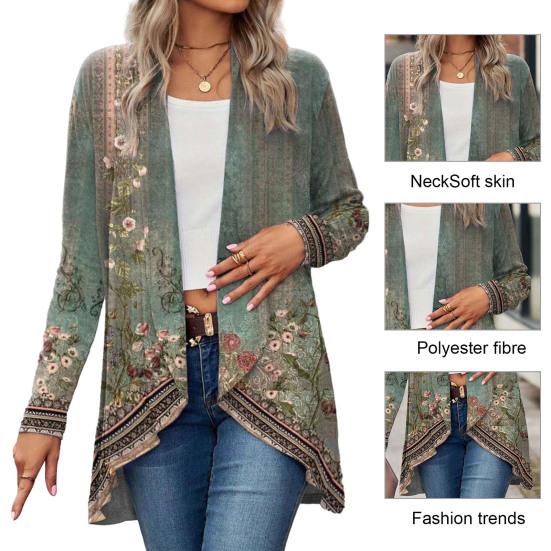 Женское осенне-весеннее пальто Vinage с цветочным принтом и открытой строчкой с длинным рукавом, неровный подол, свободная шаль в этническом стиле, женская куртка-кардиган средней длины, шаль