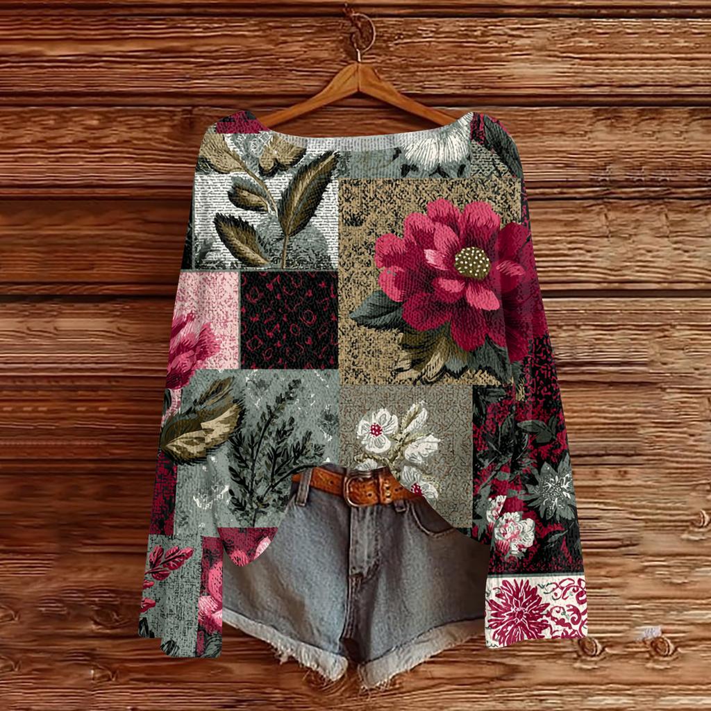 Women's Lightweight Sweater Casual Long Sleeve Knitted Vintage Floral Print Pullover