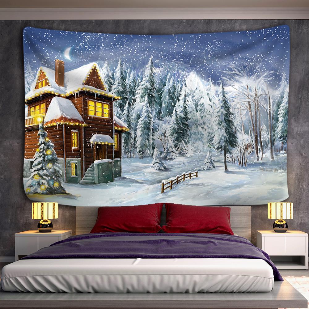 Christmas Snow Scene Home Decor Tapestry Forest Cottage Boho Decoration Hippie Christmas Tree Wall Decor Backdrop Fabric