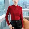 Red Button Waist Top, New Autumn and Winter Inner Stand-up Collar Age-reducing Long-sleeved T-shirt for Women