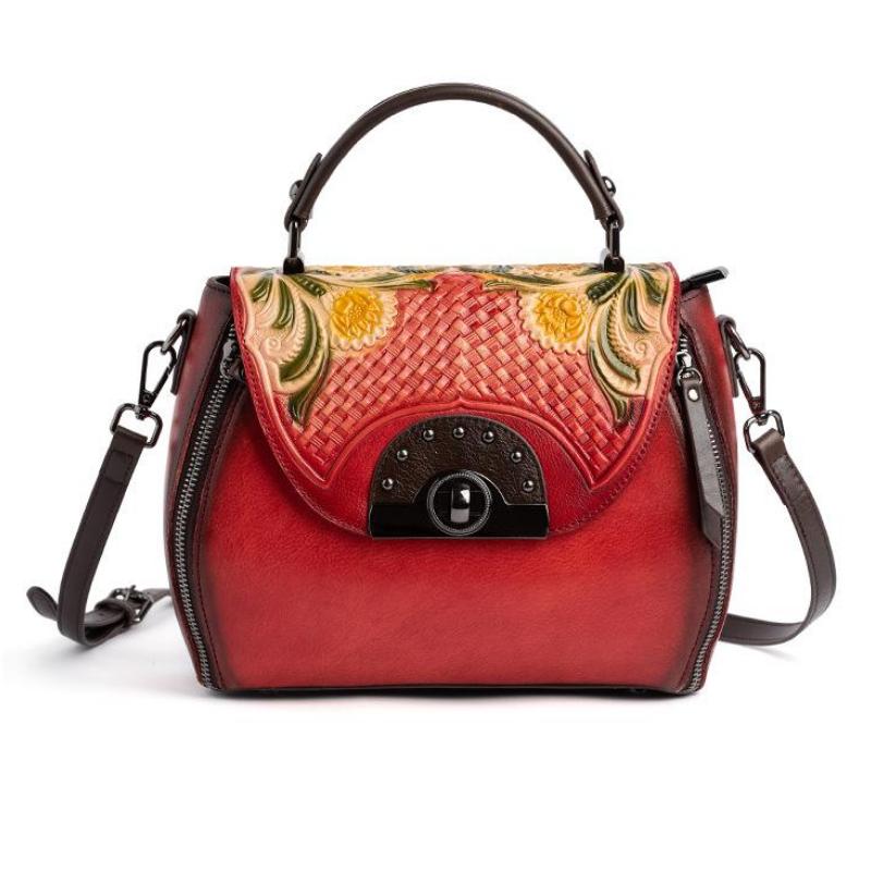 Johnature Retro Embossed First Layer Cow Leather Women Bag Handmade Floral Hasp Handbag Leisure Shoulder Messenger Bags